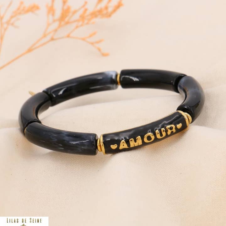 Elastic bracelet LOVE steel colored marbled acetate 0224543 for wholesale by Lilas de Seine