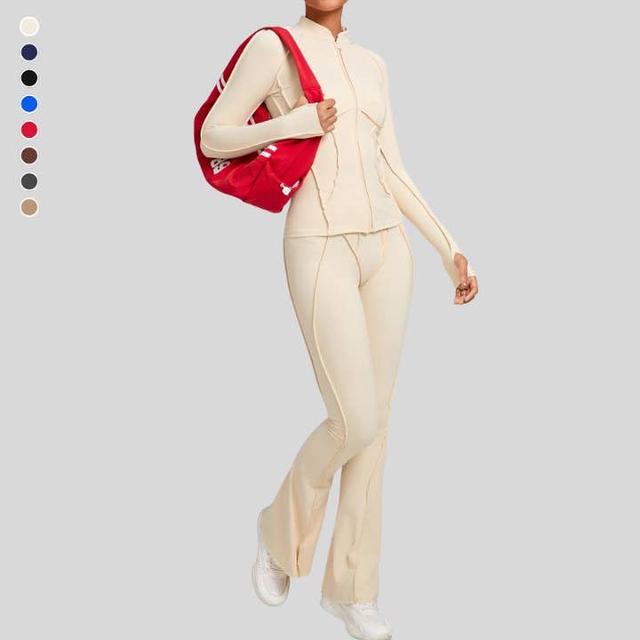 Casaco com fecho de correr e fivela no polegar + calças ligeiramente evasé + conjunto de 2 peças por atacado de WONDERXFANS