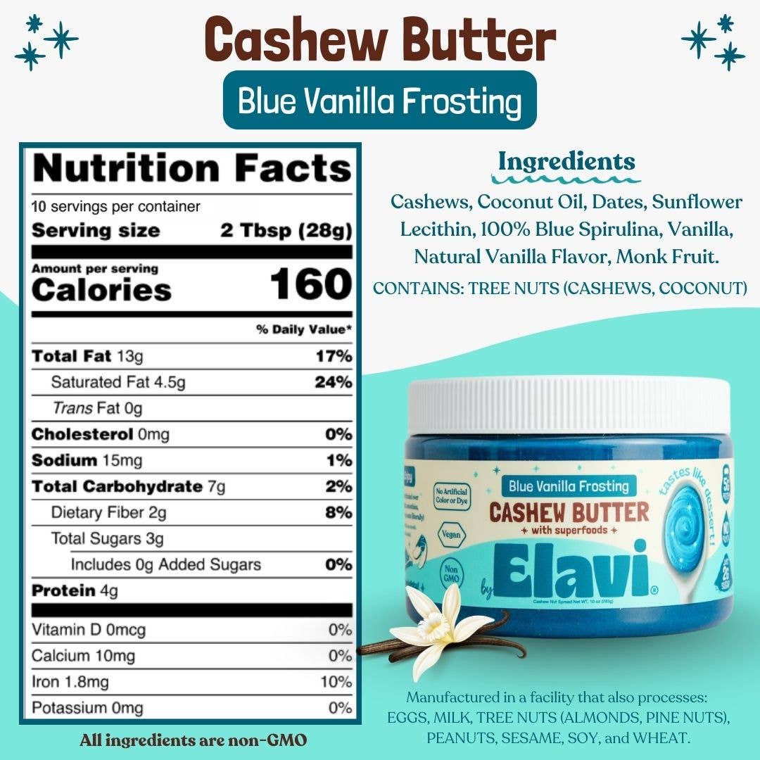 Elavi - Wholesale Nut Butter - Blue Vanilla Cashew Butter w/ Spirulina: Vegan, Non-GMO2