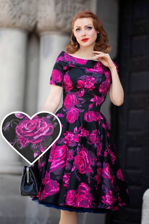 Darlene Retro Black-Pink Roses Swing Dress for wholesale by Dolly & Dotty