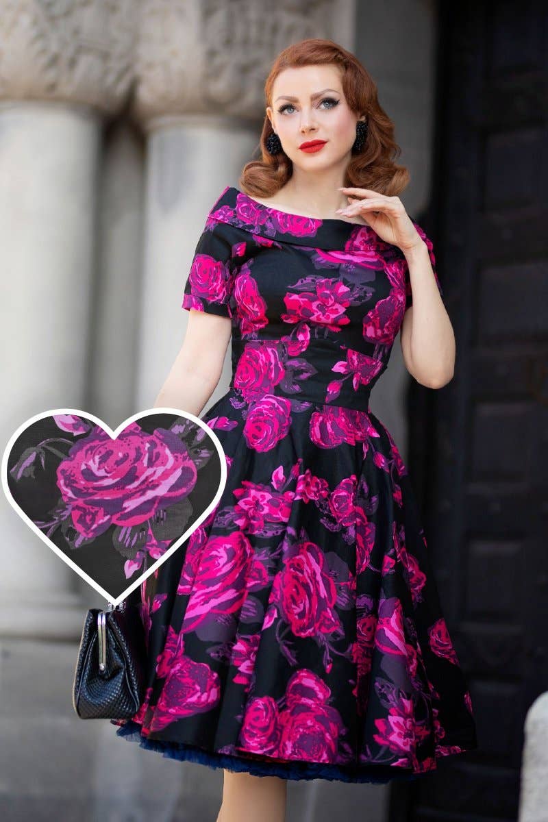 Dolly & Dotty - Wholesale Dress - Women's - Darlene Retro Black-Pink Roses Swing Dress