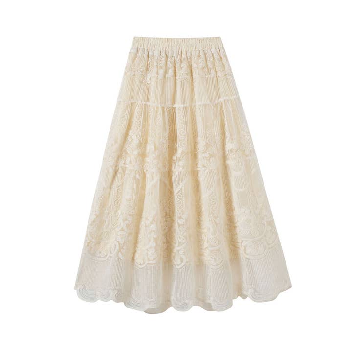 PEACH ACCESSORIES - Wholesale Skirt - Women's - Flowy Lace Midi Skirt in Ivory SK200