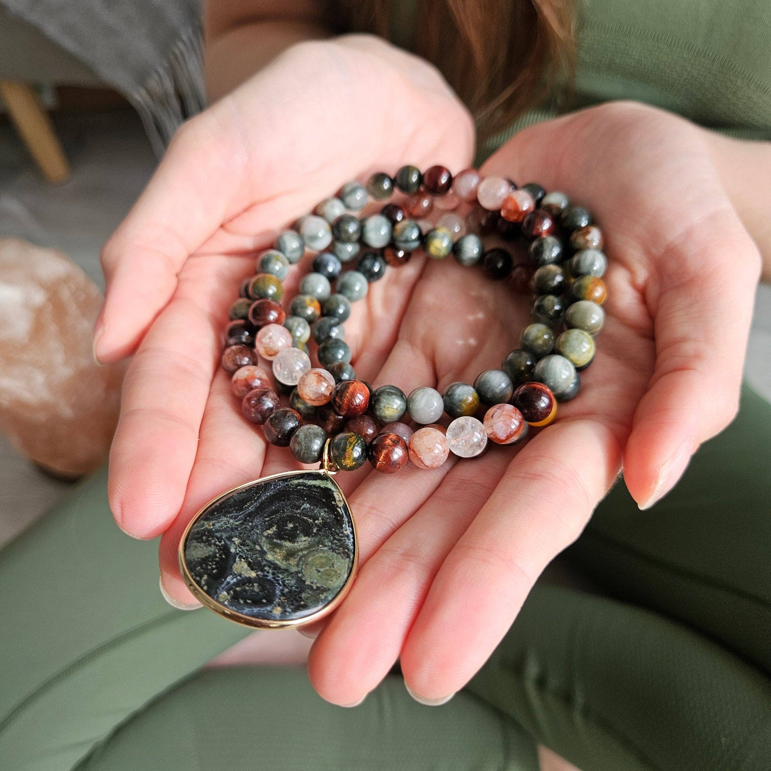 Harmony Mala - Wholesale Prayer Beads Necklace - Red Tiger Eye, Fire Quartz, and Green Eagle Eye Mala Bead Necklace – Grounding & Vitality1