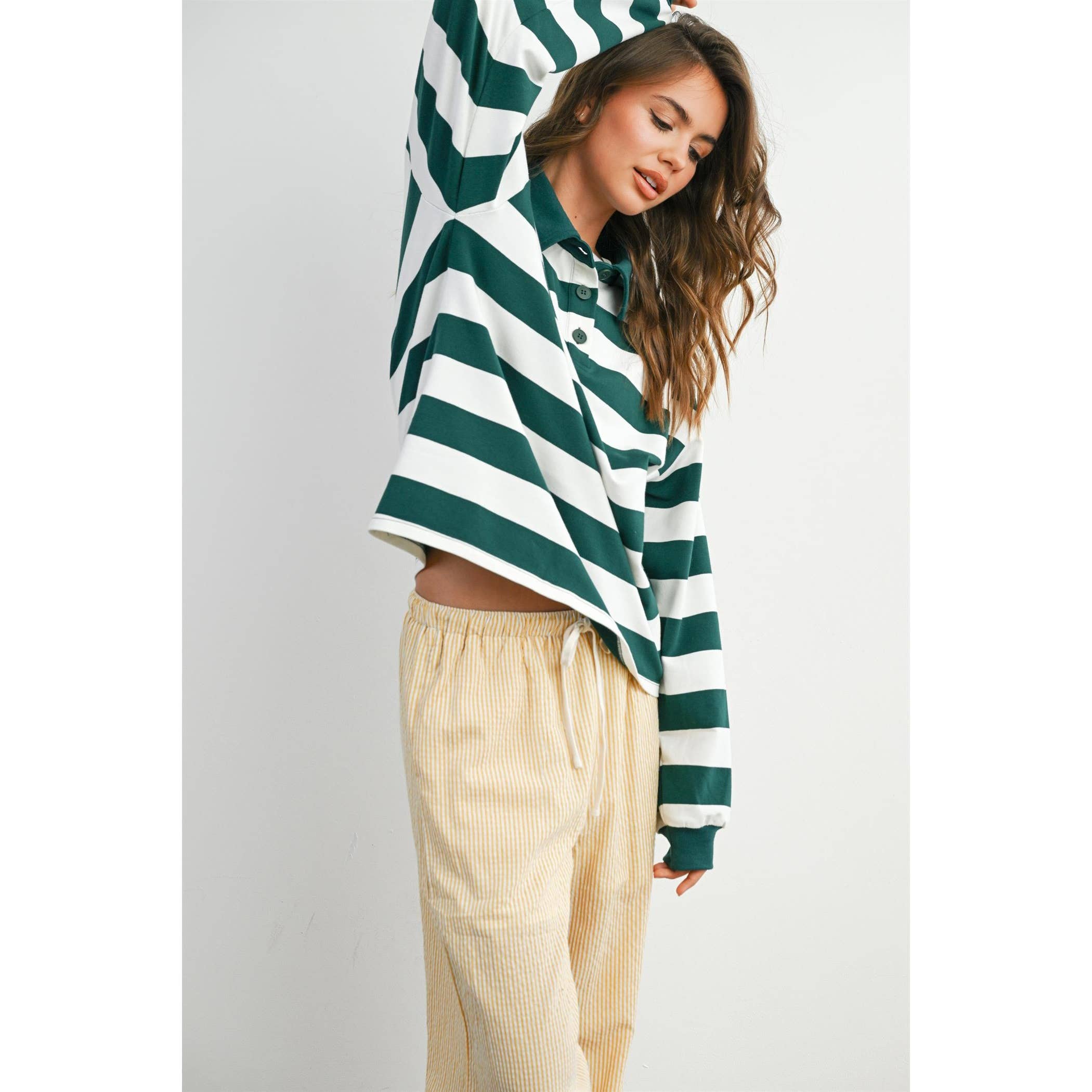 BUTTERMELON - Wholesale Sweatshirt - Women's - Striped Quarter-Buttoned Collared Sweatshirt - BMT807913