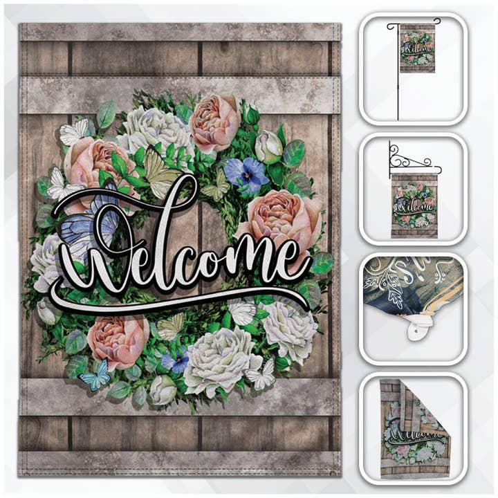 Flags Importer - Wholesale Flag - H&G Studios Welcome (Wreath Roses) 12x18in Garden Flag