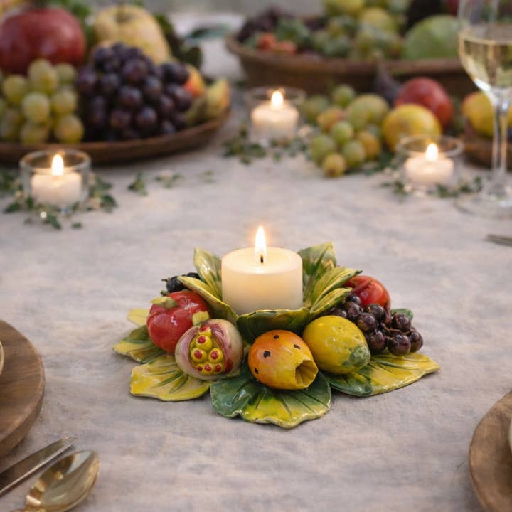 Italian Ceramic Mixed Fruit Candle Holder 15cm per la vendita all'ingrosso da parte di LUEM ART ceramiche e porcellane di Capodimonte Made In Italy