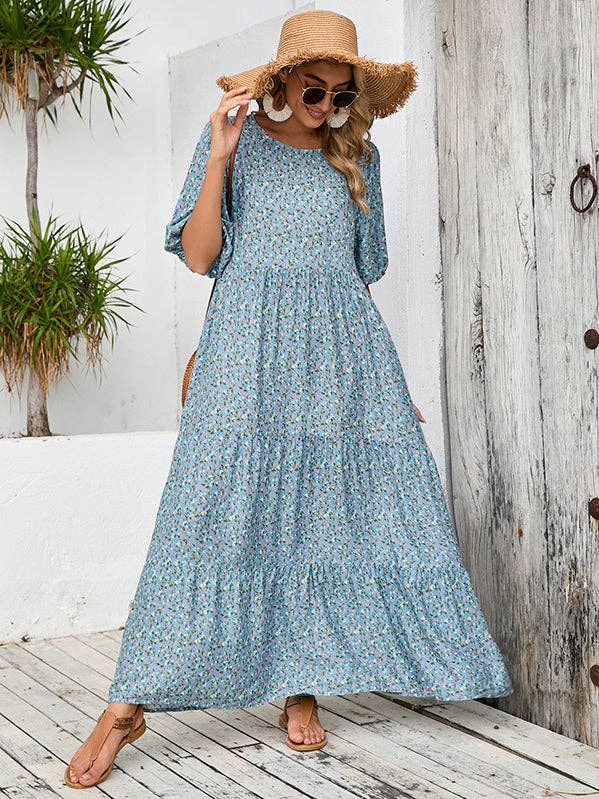 FurDecoration - Wholesale Dress - Women's - Casual Vintage Floral Print Plus Size Dress with Loose Fit and Mid-Length Sleeves0