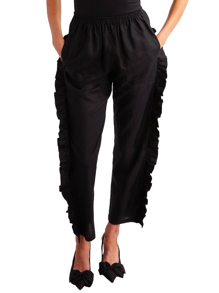 Ruffle Pants in Black Linen for wholesale by Amy Page DeBlasio