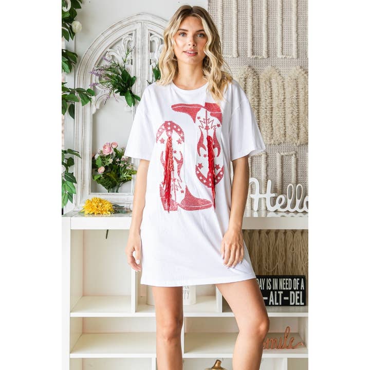 Vit Cowboy Stövlar Paljetter Patch T-shirt Klänning för wholesale på Faire4