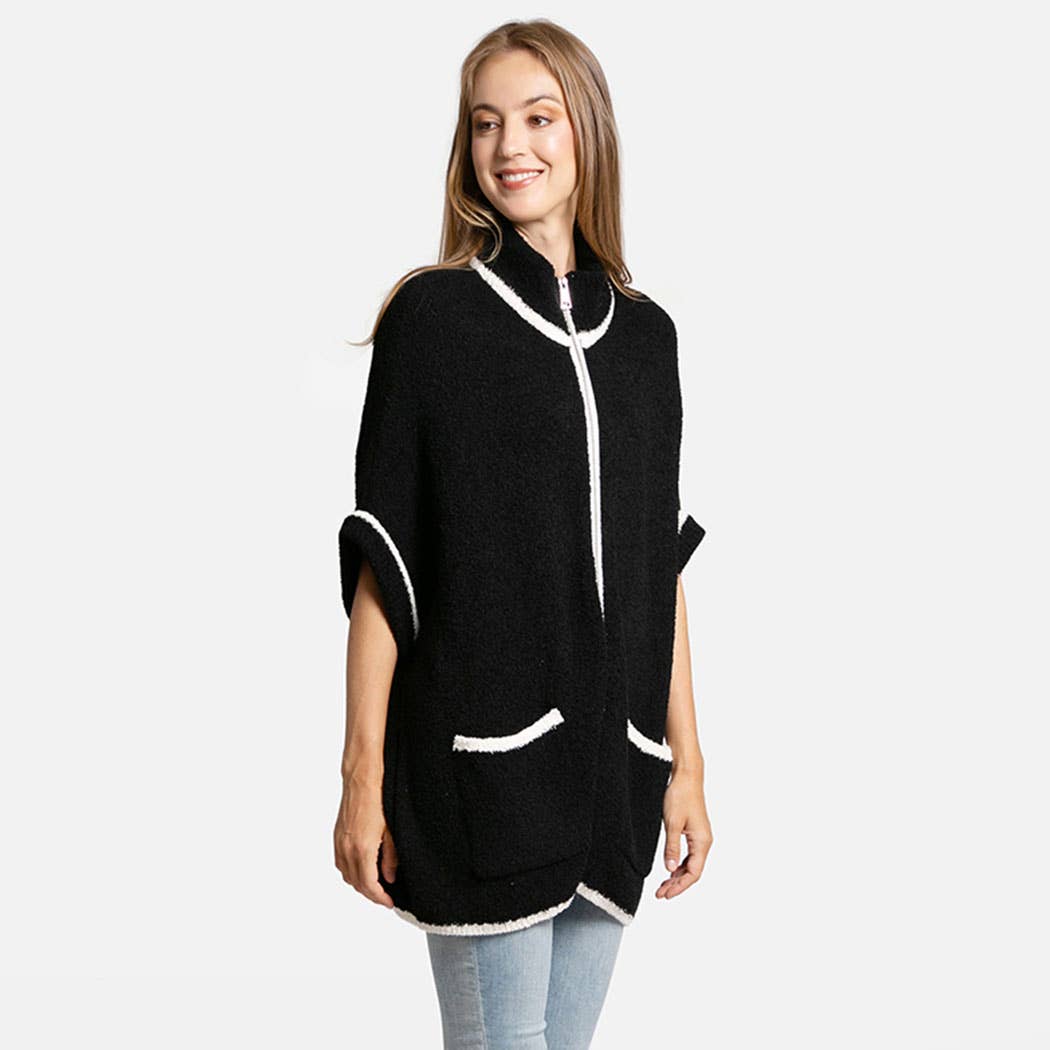 Fashion City - Wholesale Outerwear Poncho - Women's - Solid Zipper Jacket with Outlined Edges9