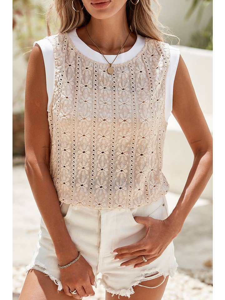 Oatmeal LDC Floral Textured Crew Neck Tank Top for wholesale on Faire