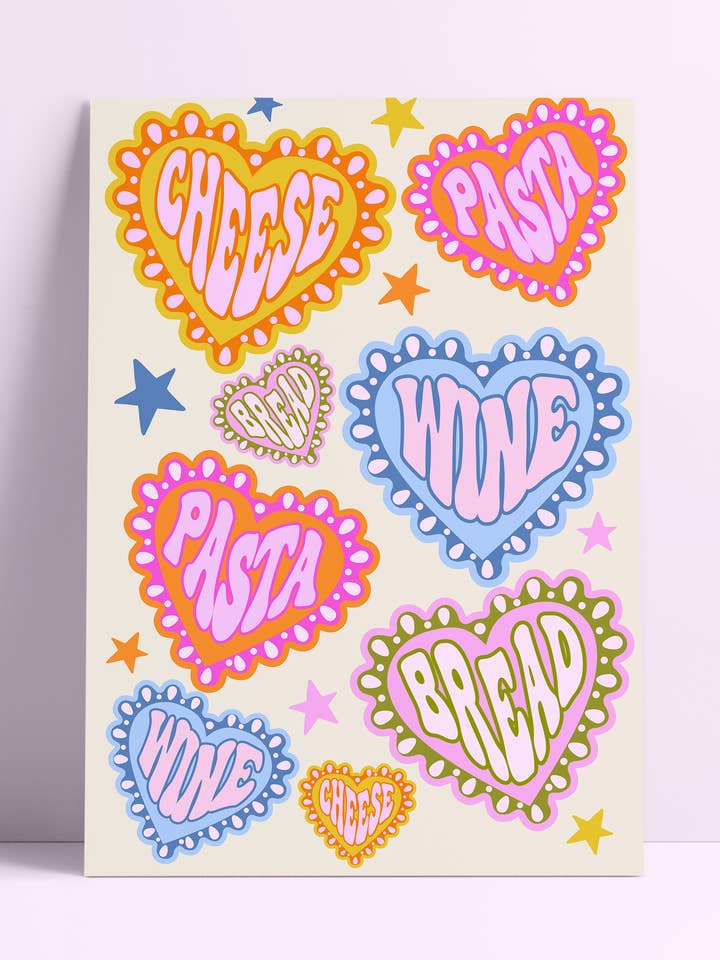 Ost, Vin, Pasta, Bröd Väggtryck för wholesale av Printed Weird