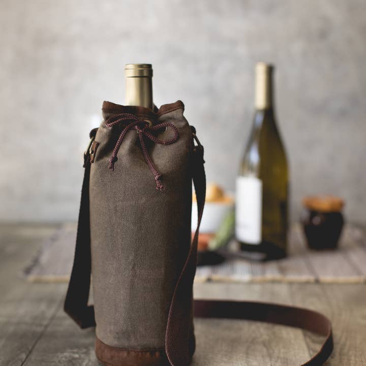 Khaki Green Waxed Canvas Single Bottle Insulated Tote Bag for wholesale on Faire