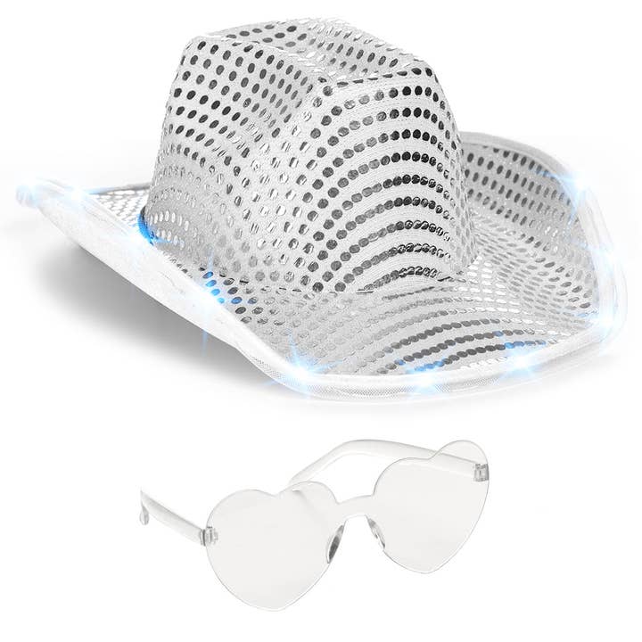 Funcredible - Wholesale Cowboy Hat - Women's - Space Cowgirl Hat - White Light Up Cowboy Hat with Glasses