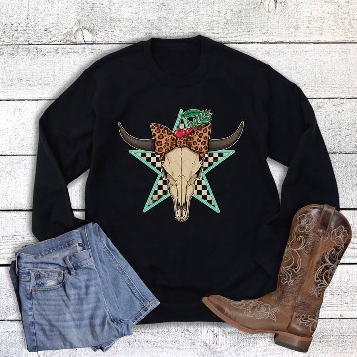 Western Bow and Cherries Cow Skull Sweatshirt for wholesale by The Way Down South