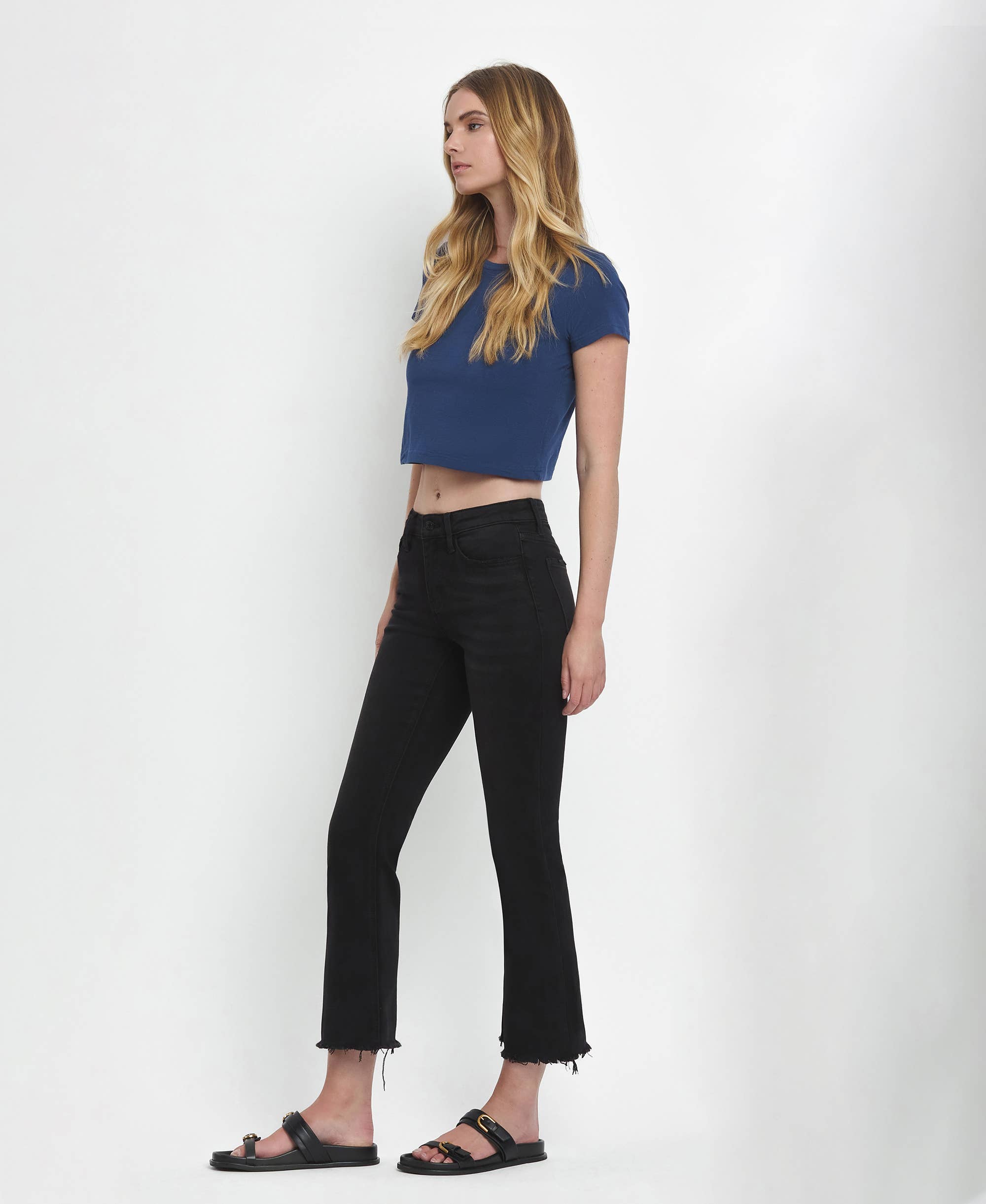 GRANDEUR MID RISE RAW DISTRESSED HEM CROP FLARE JEANS LV1145 for wholesale on Faire12