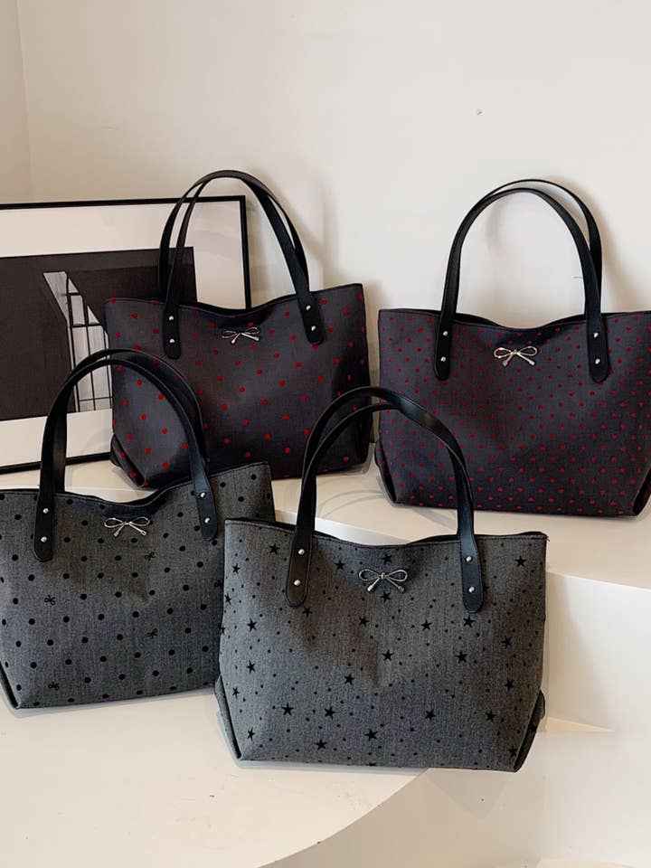 Polyester Bow Polka Dot Tote Bag for wholesale by Beyond Apparel