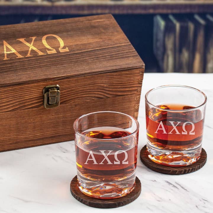 Alpha Chi Omega Custom Engraved Personalized Whiskey Glasses In Wood Gift Box for wholesale by MB Brands Inc