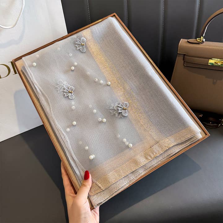 PEACH ACCESSORIES – wholesale Scarf – Women's – Silk Scarf with Embroidered Bows & Pearls5