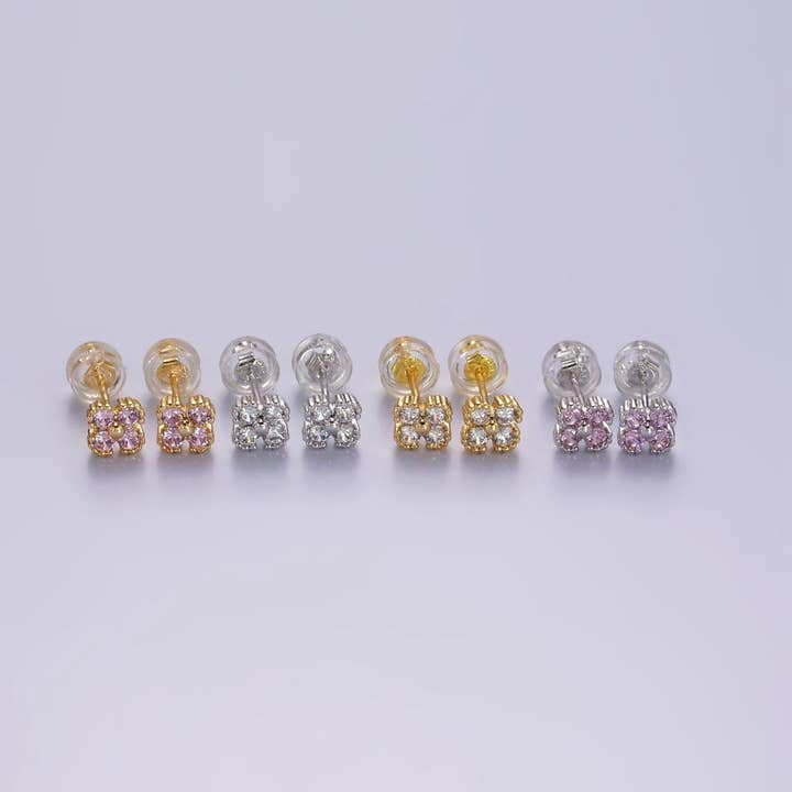 Aim Eternal - Venta al por mayor Pendientes de botón/aretes de poste - Pendientes de Estudio de Trébol Cuatro Hojas en Oro y Plata con Mini CZ Rosa y Transparente Relleno de Oro de 14K | AE974 - AE9754