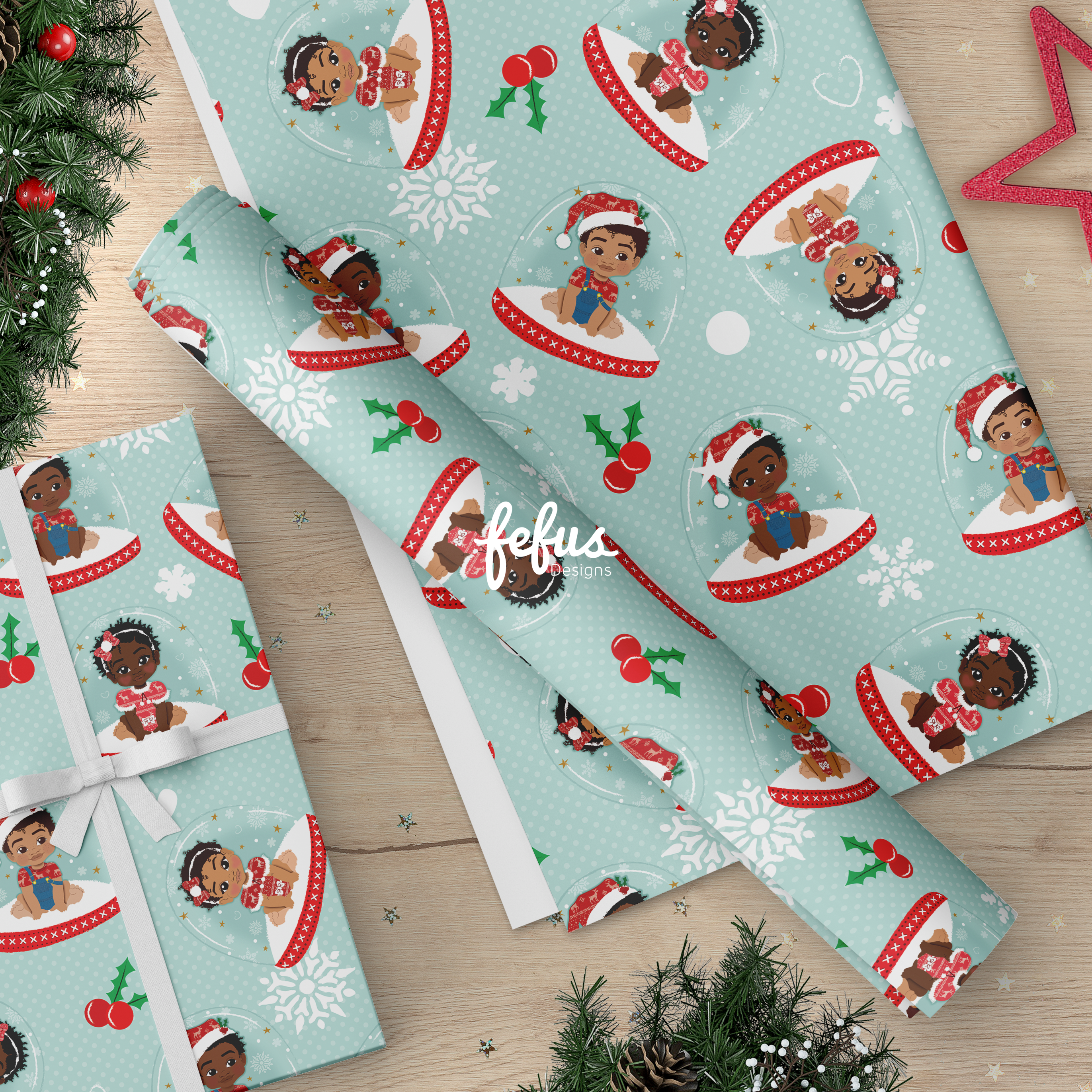 Fefus Designs – wholesale Flat wrap – Black Baby Christmas Wrapping Paper 50cm x 70cm | Premium Xmas Gift Wrap | Fefus Designs1
