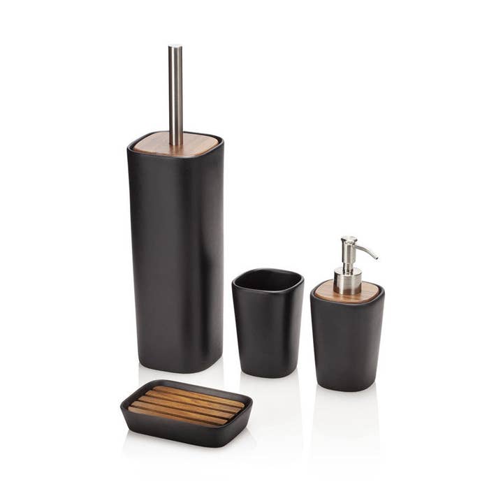 MOUNTAIN 4-piece bathroom set in black ceramic with walnut wood details for wholesale by Gruppo F.T