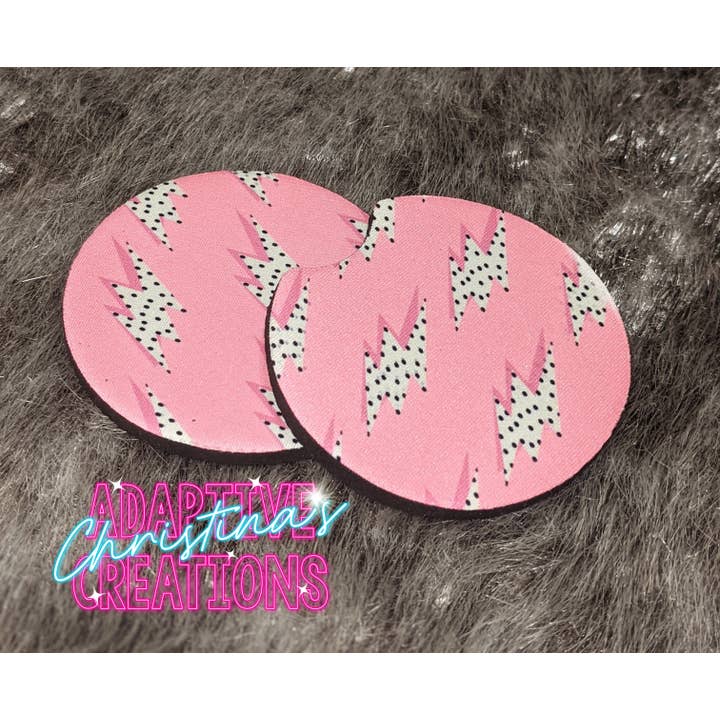 Retro Pink Lightning Bolts Car Coaster set (absorbent) for wholesale by Christina's Adaptive Creations