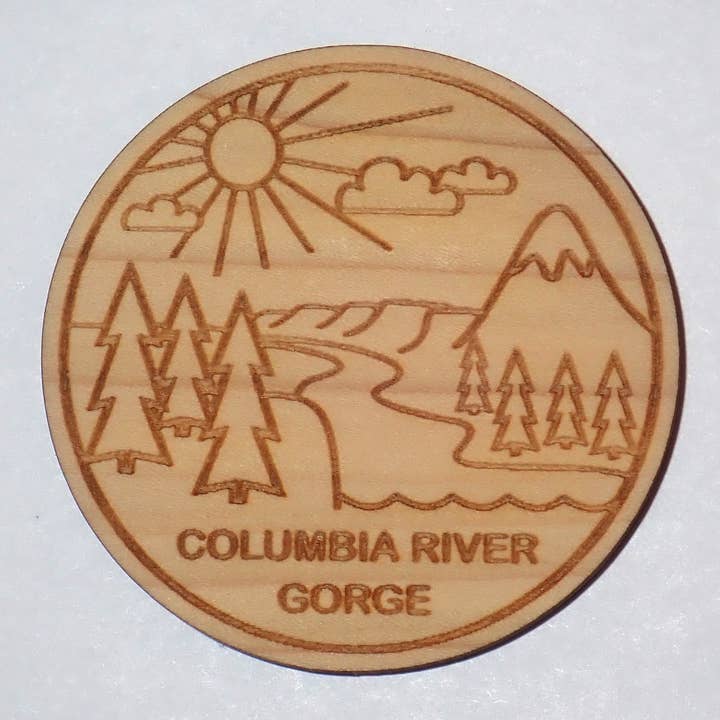 Mountain - gorge - river scene wood magnet - customizable for wholesale by River's Edge Gourmet Foods