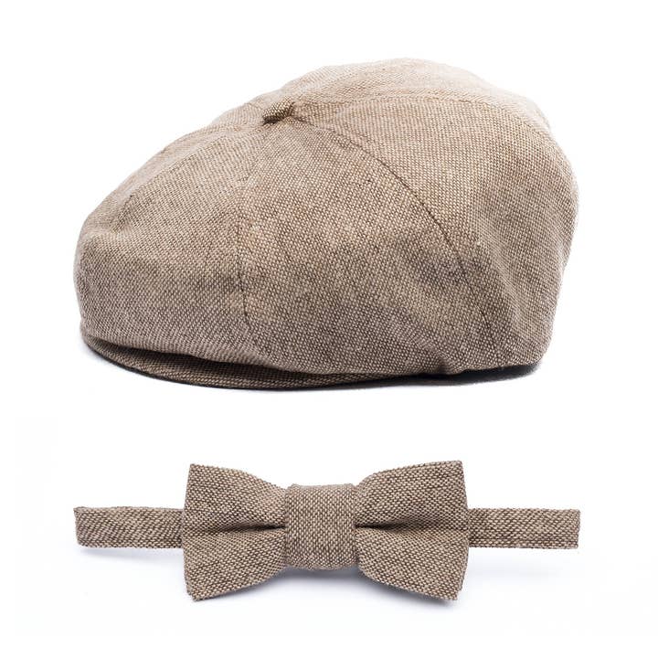 Tan Herringbone 2 Piece Bow Tie and Newsboy Hat Ring Bearer Special Occasion for wholesale by Born To Love