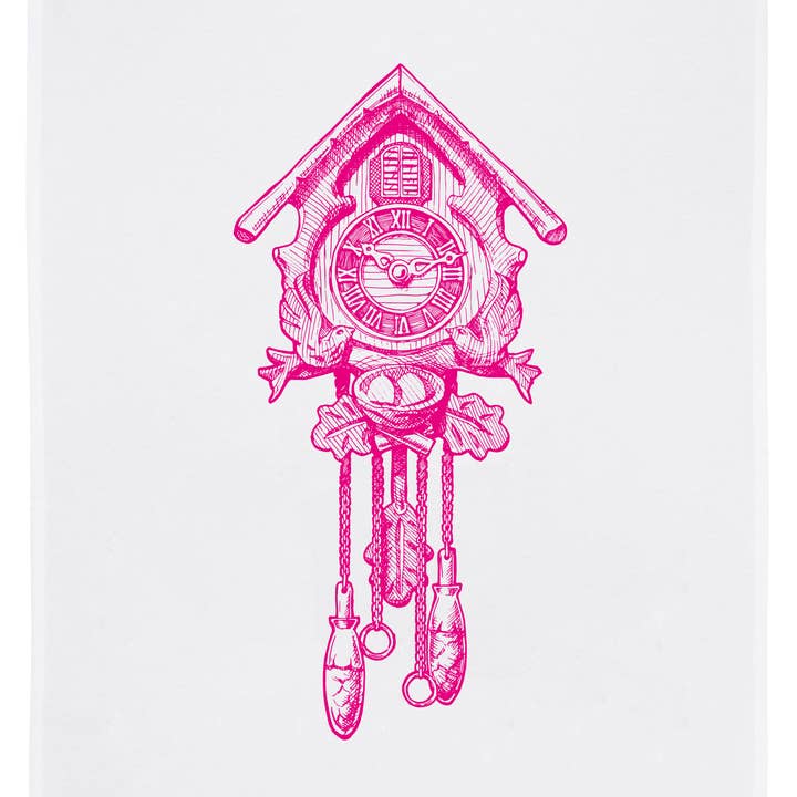 17;30 - Wholesale Tea Towel - White tea towel, cuckoo clock in pink