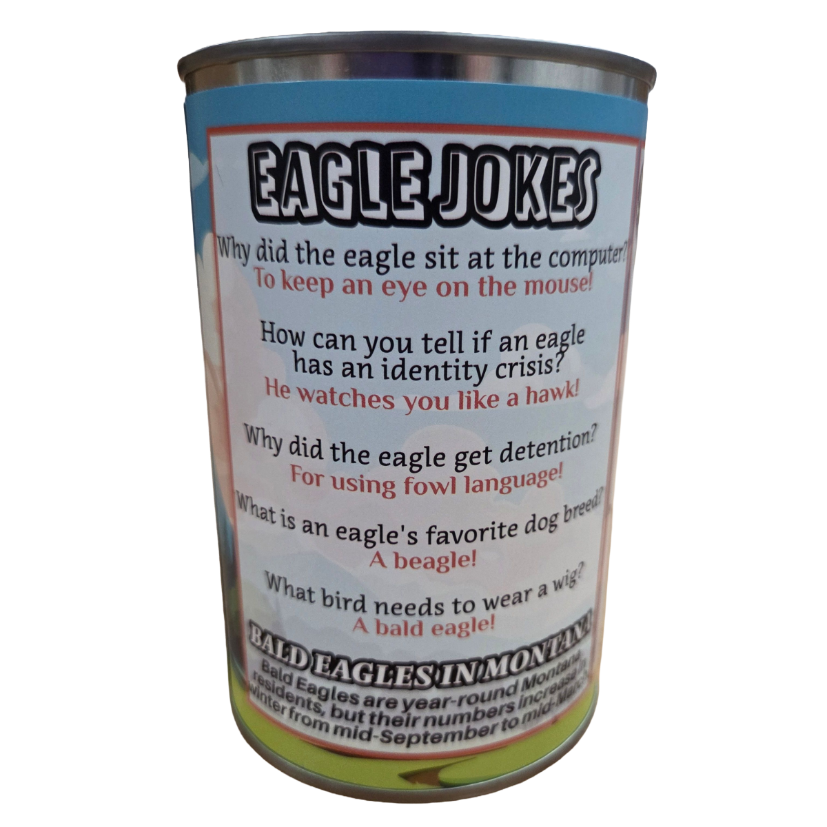 Canned Gifts – wholesale Fyllda/plyschleksaker - Barn och baby – Montana Edition - Konservburk med plysch av vithövdad havsörn med skämt2