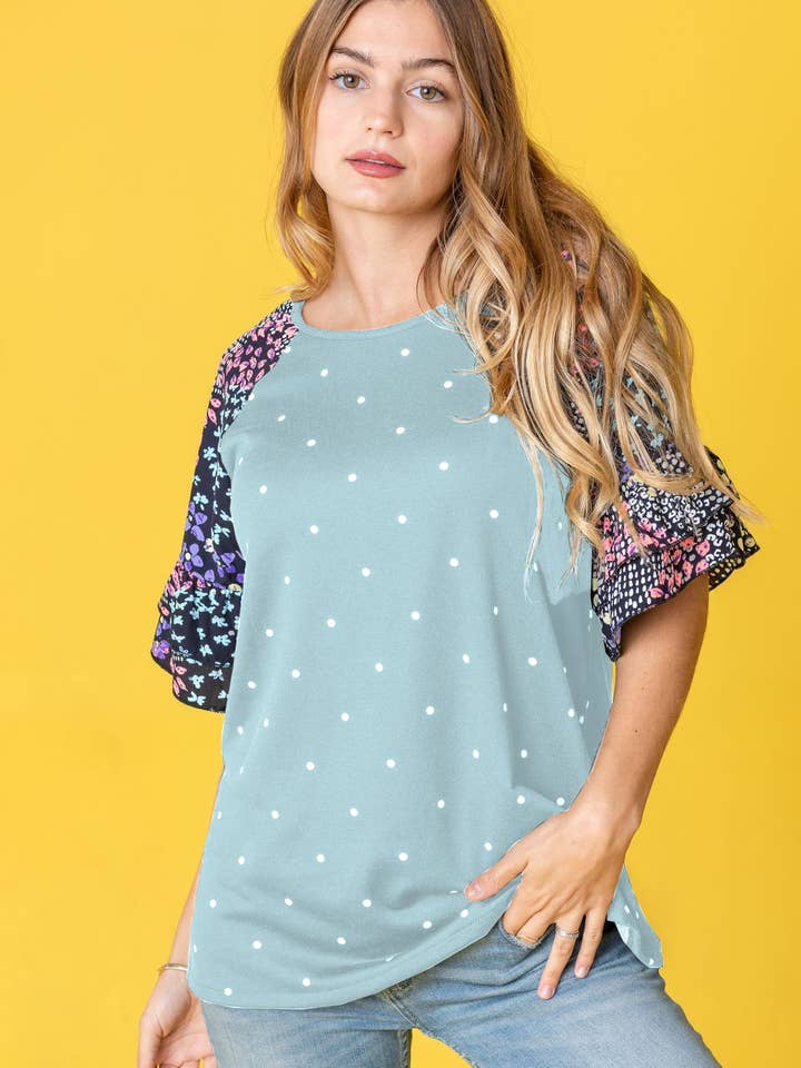 Plus Polka Dot Print Ruffle Sleeve Top for wholesale by EG fashion
