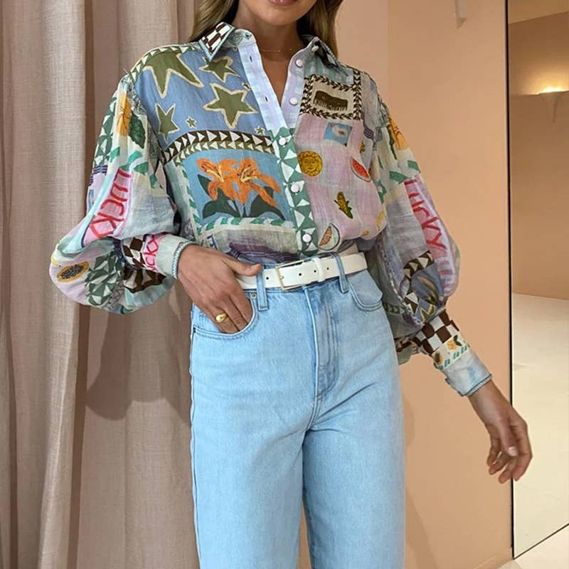 Lily Clothing - Wholesale Shirt - Women's - LAPEL PRINT CASUAL FASHION SHIRT FOR WOMEN0