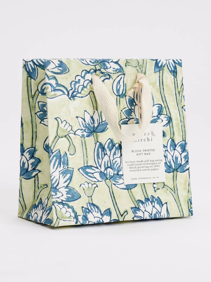 SMALL COTTON HANDMADE GIFTBAG INDIGO LOTUS for wholesale by Notes & Queries, Inc.