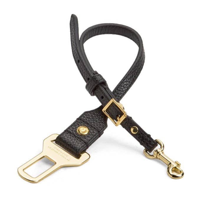 Leather Dog Seatbelt – Black-Gold Finish for wholesale by Pinewood Leather & Collar
