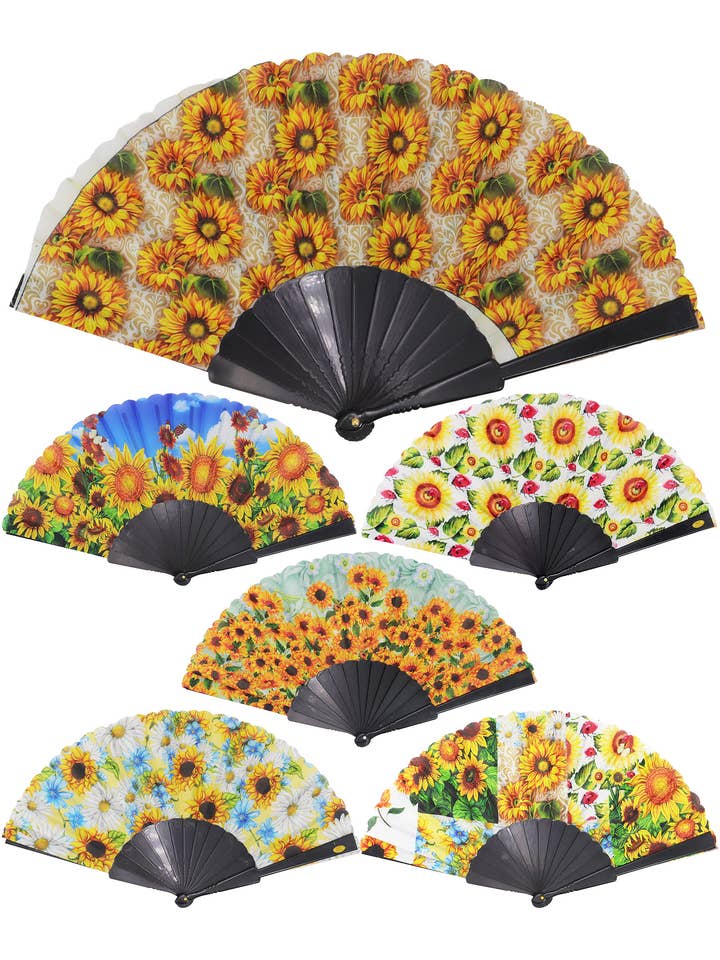 Éventail pliant noir à main motif jardin de tournesols pour la vente par Cap Zone