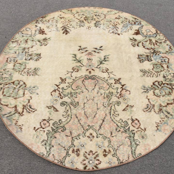 Teppich, Beige & Grün Antik Patchwork 4,3x4,3 Ft Gewebter Teppich für den Großhandel von Vintage Rugs Loom