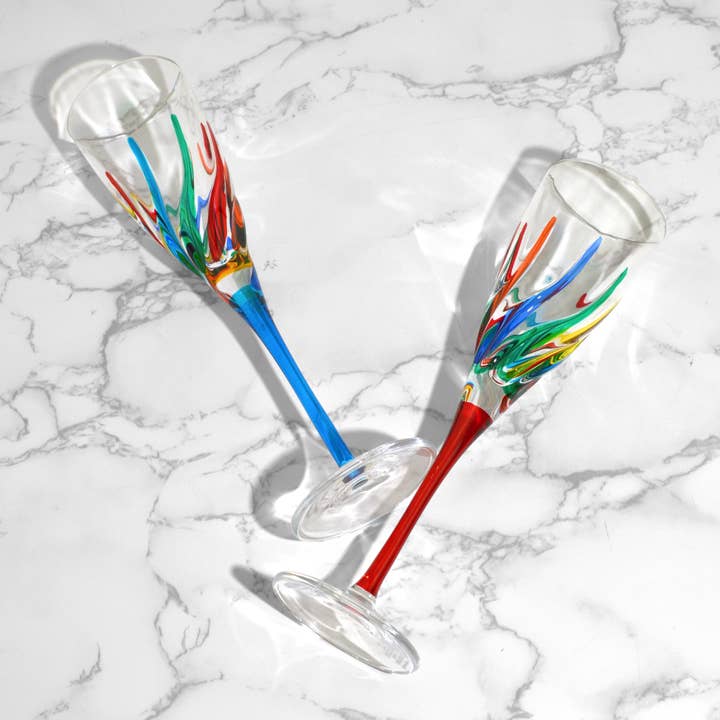 Via Graceffo - Wholesale Champagne Flute - Trix Champagne Flutes Set of 2, Hand-Painted Italian Crystal