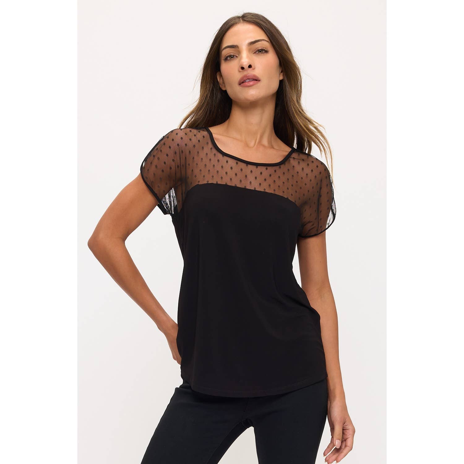 Black DOT ILLUSION CONTRAST SHEER MESH DOLMAN for wholesale on Faire0