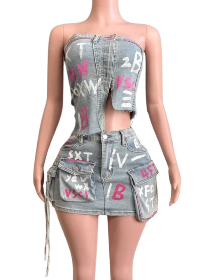 NEWGENS - Wholesale Activewear Set - Women's - NC2112A Denim Paint Sets Smocked Crop Top and Skirt1