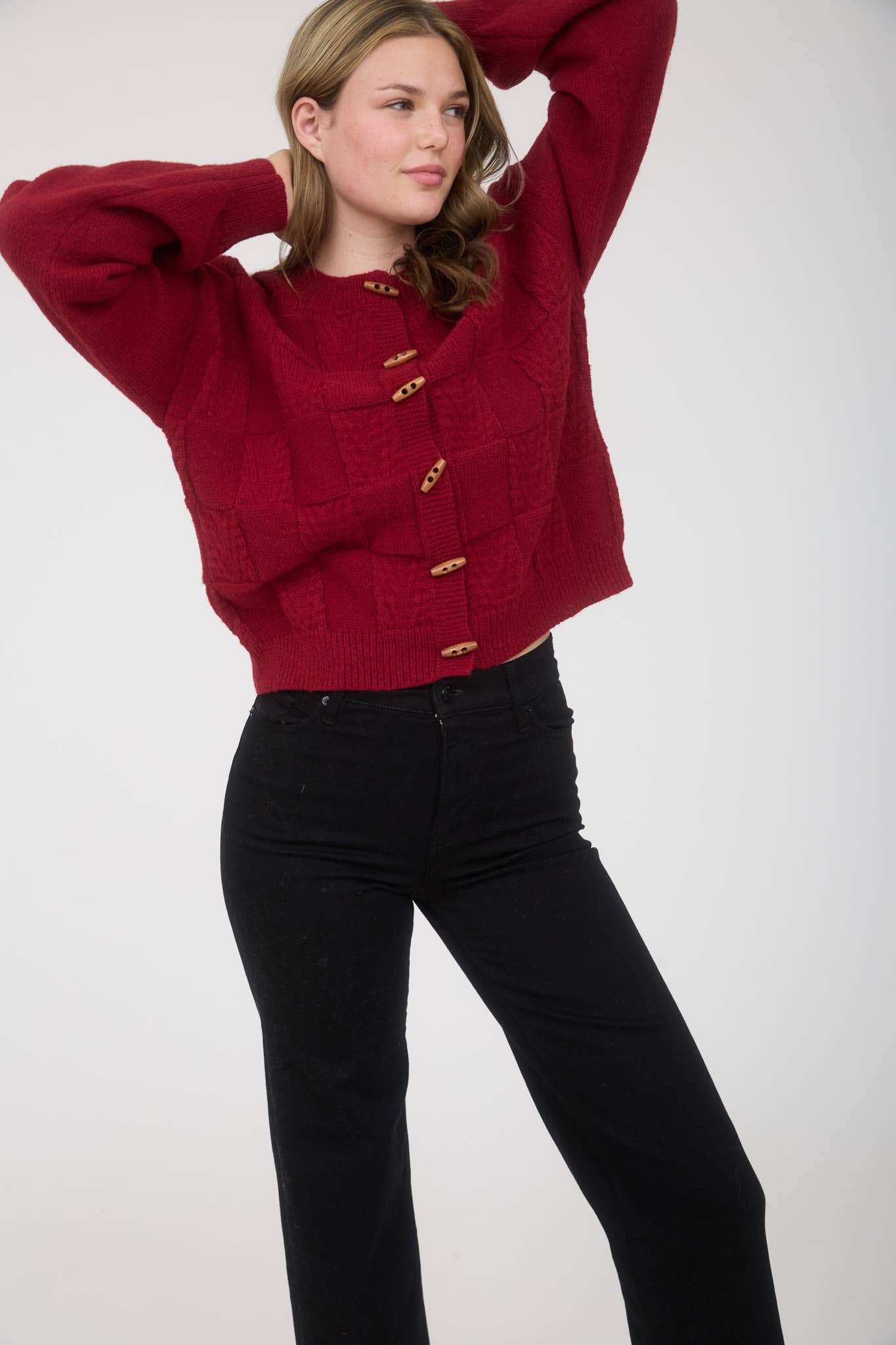 Blu Pepper - Wholesale Knit Sweater - Women's - CHECKERED TOGGLE BUTTON DOWN KNIT CARDIGAN3