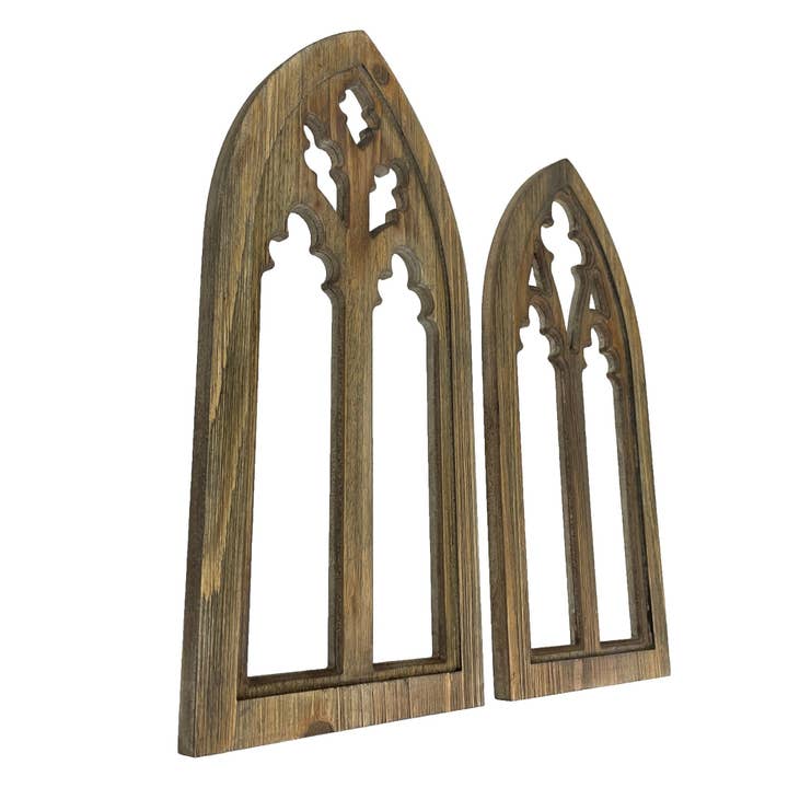 Zeckos - Wholesale Wall Accent - Set of 2 Washed Wood Gothic Arch Window Frame Wall Hangings 1