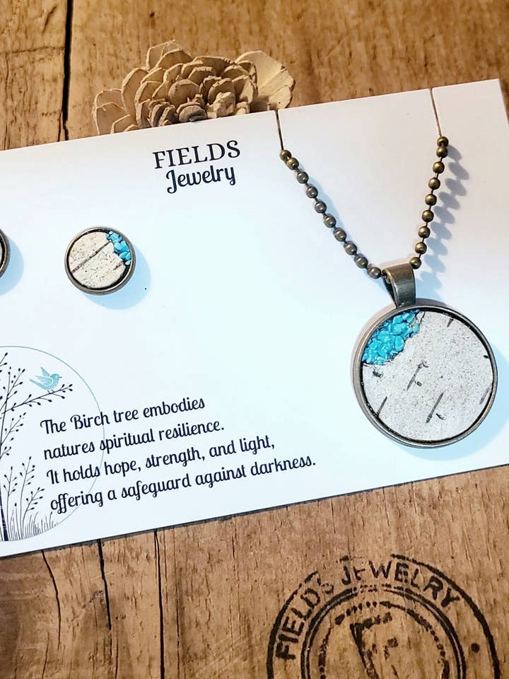Turquoise Birch Bark Circle Necklace Set Botanical Nature for wholesale by Fields