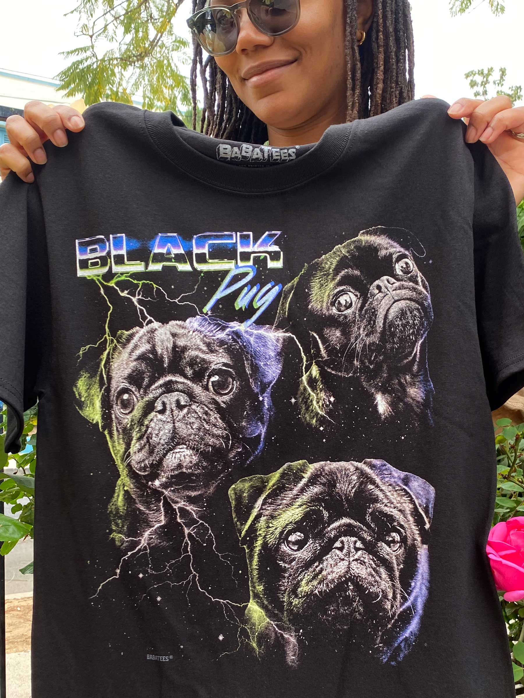 BabaTees - Wholesale Screen Printed T-Shirt - Unisex - Synthwave Black Pug Tshirt for Men & Women