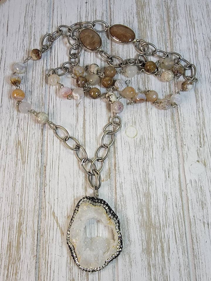 The Bay Neutral Fire Agate & Druzy Crystal Pendant Necklace for wholesale by Solluna Stones