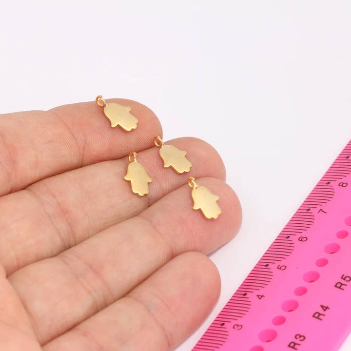 7x11mm 24k Matt Gold Hamsa Charm, Fatima Hand Beads, BRT248 for wholesale by QueenJewelryM