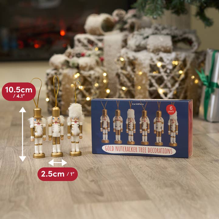 The Twiddlers - Wholesale Christmas Decoration - 6 Gold Wooden Christmas Nutcracker Soldier Ornaments, 10cm
