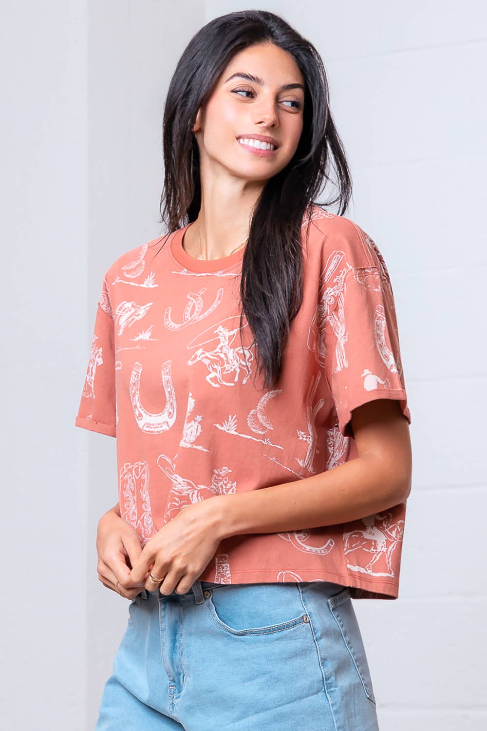 Taelynn - Wholesale T-Shirt - Women's - HT28781T-WESTERN PRINTED SHORT SLV ROUND NECK T-SHIRT13
