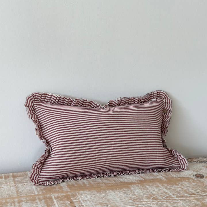 Ellenvale Trade - Wholesale Chair Cushion - Darcy Ruffle Cotton Cushion Cover 50x30 – Burgundy Stripe2