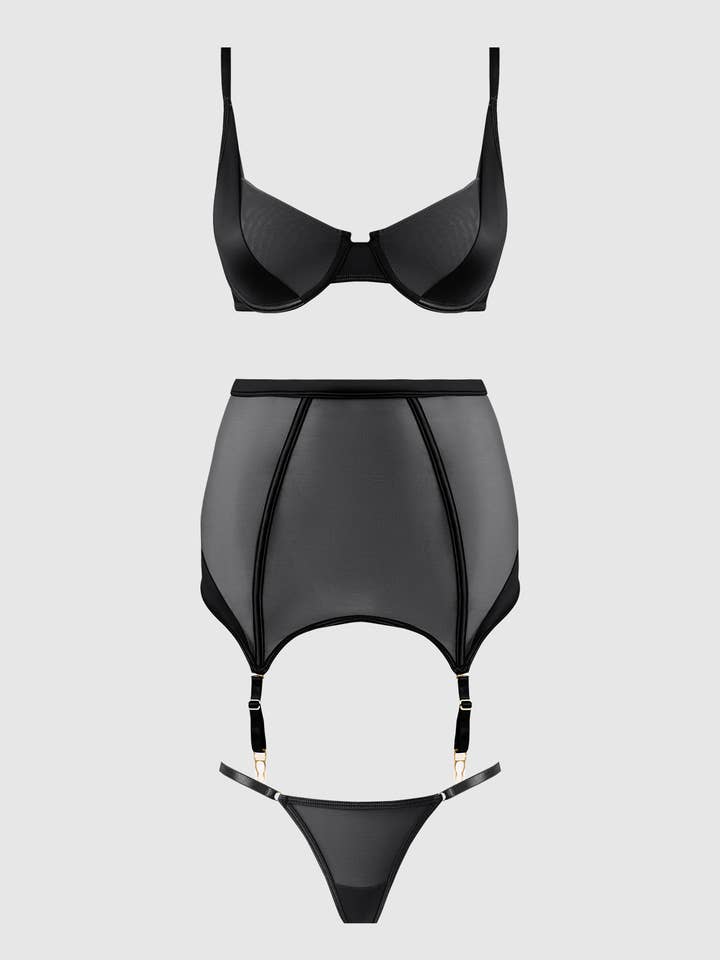 House of Desire - Wholesale Lingerie Set - Women's - RAQUEL MESH & SILKY MICRO BRA, GARTER SKIRT & G-STRING SET7